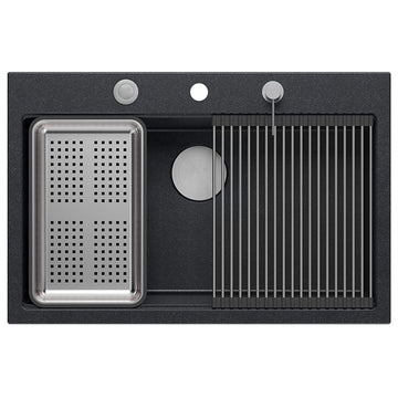 Chiuvetă din granit Marc 110 Quadron,workstation, negru metalic, ventil si accesorii argintii